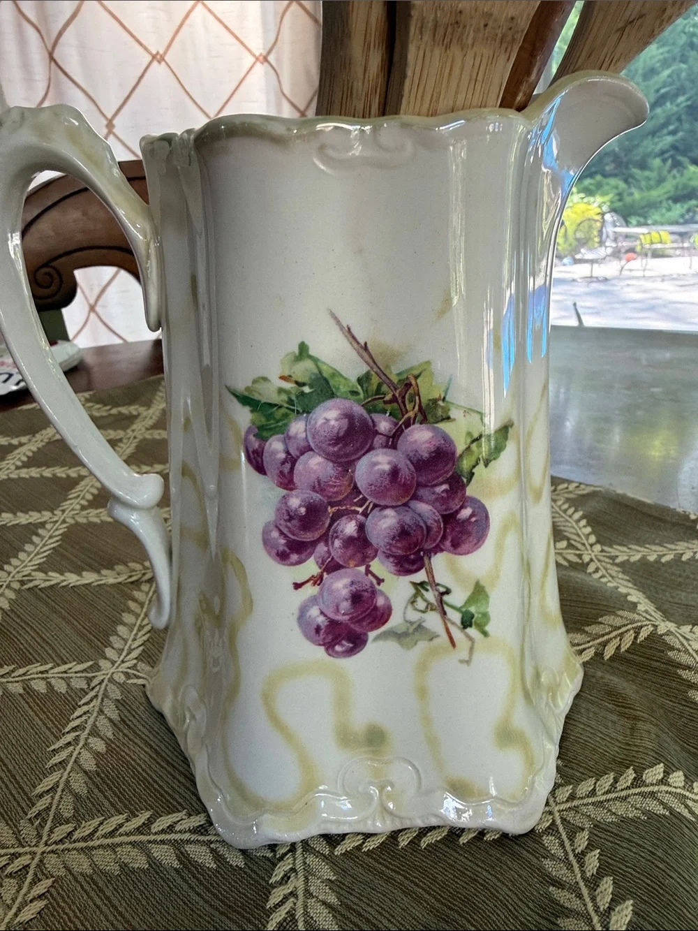 Vintage Ceramic Pitcher with Purple Grape Motif. Wellsville China Co.